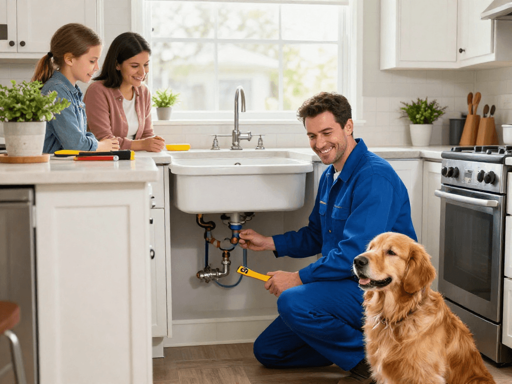 Plumber Fort Worth performing an inspection under a kitchen sink, showcasing professional plumbing services