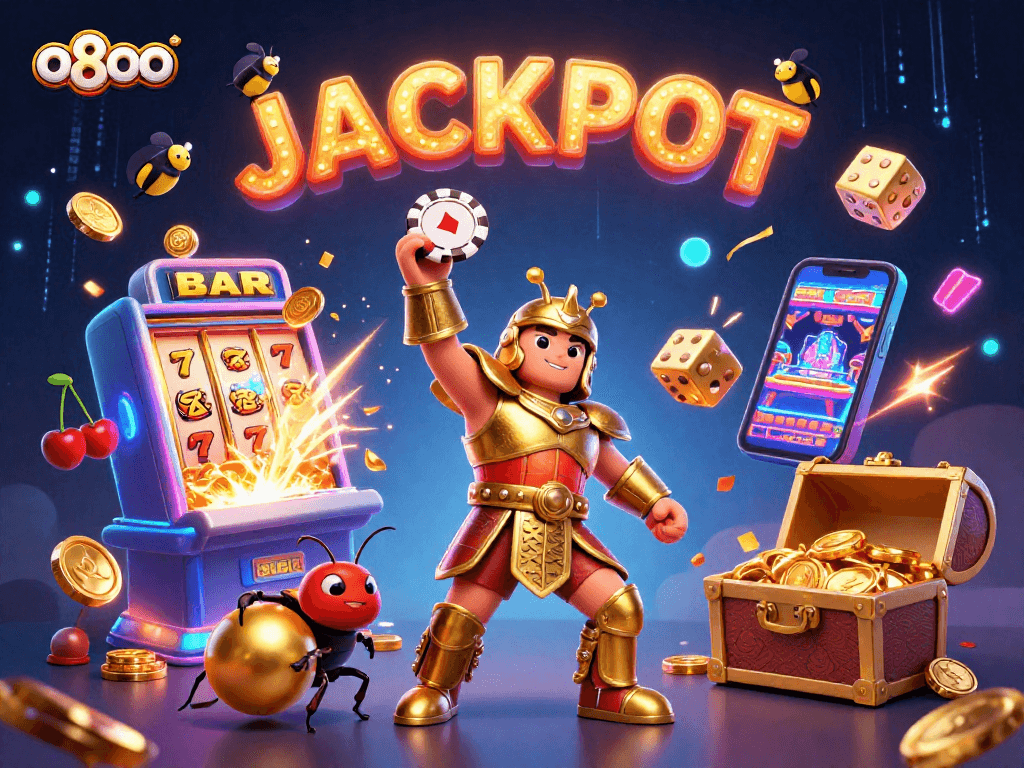 Engage with exciting gaming moments in an o8oo online casino, showcasing jackpot celebrations and vibrant characters.