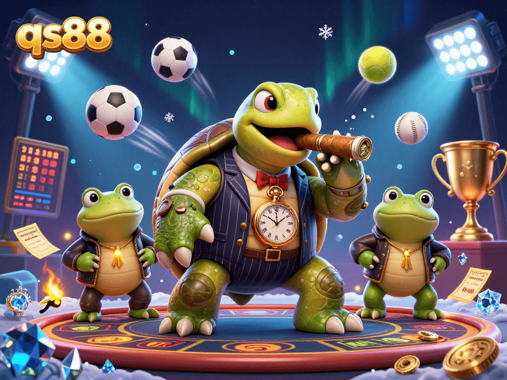 qs88 casino features a snapping turtle mobster surrounded by dynamic sports elements and vibrant lights.