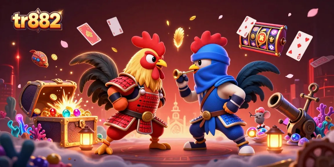 tr882 showcases twin fighting roosters in a casino-themed standoff with vibrant gaming elements
