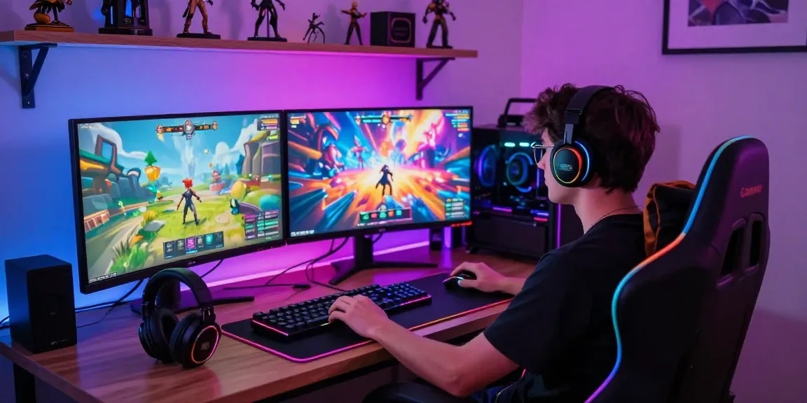 Engaged gamer playing hentai games on dual monitors in a cozy gaming setup, surrounded by action figures and colorful lighting.