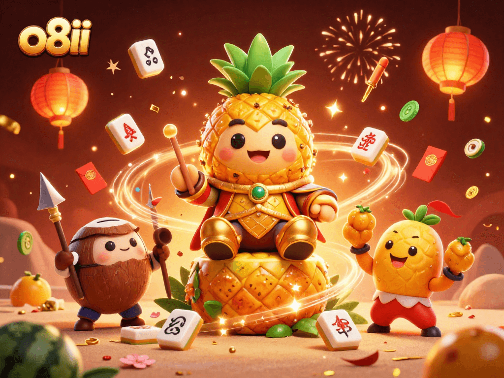 Experience thrilling action at o8ii with the golden pineapple king and tropical characters in a vibrant casino scene.