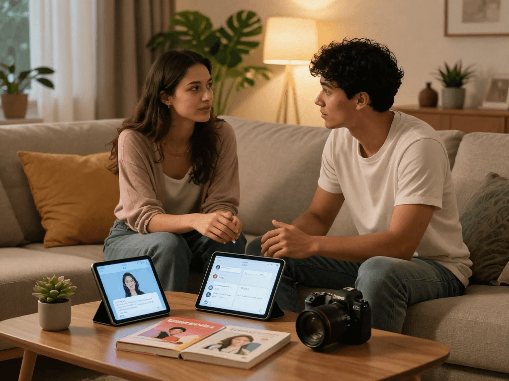 Couple discussing sex AI tools for enhancing intimacy in a cozy home.