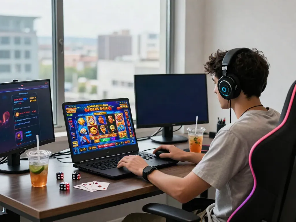 Player engaged with Bonus Buy Slots game on gaming laptop from https://stargazyinn.co.uk, showcasing vibrant graphics and exciting atmosphere.