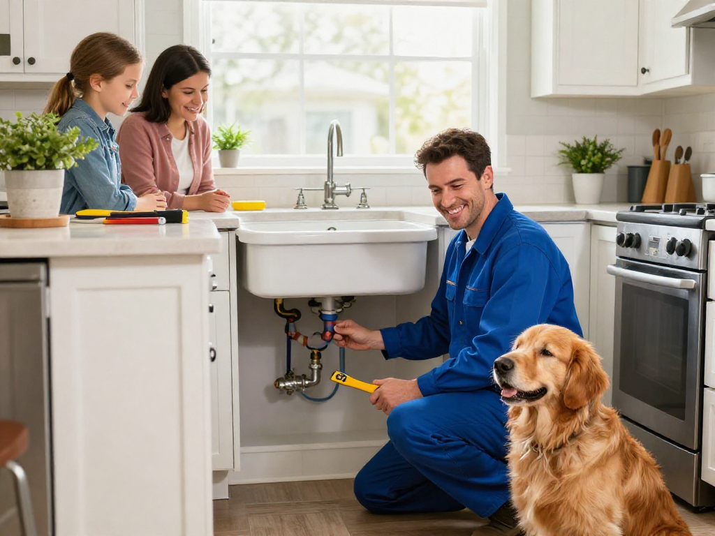 Plumber Fort Worth performing an inspection under a kitchen sink, showcasing professional plumbing services