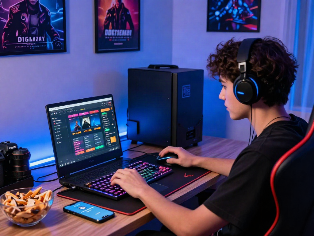 Engaging scene of a young adult exploring 토토사이트 검증 먹튀스팟 on a laptop in a vibrant gaming setup.