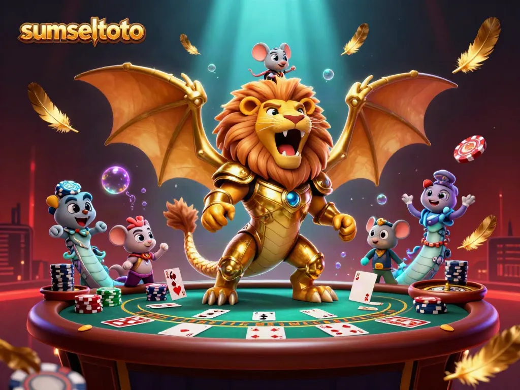 Sumseltoto casino illustration showcasing a chimera in golden armor and gaming elements.