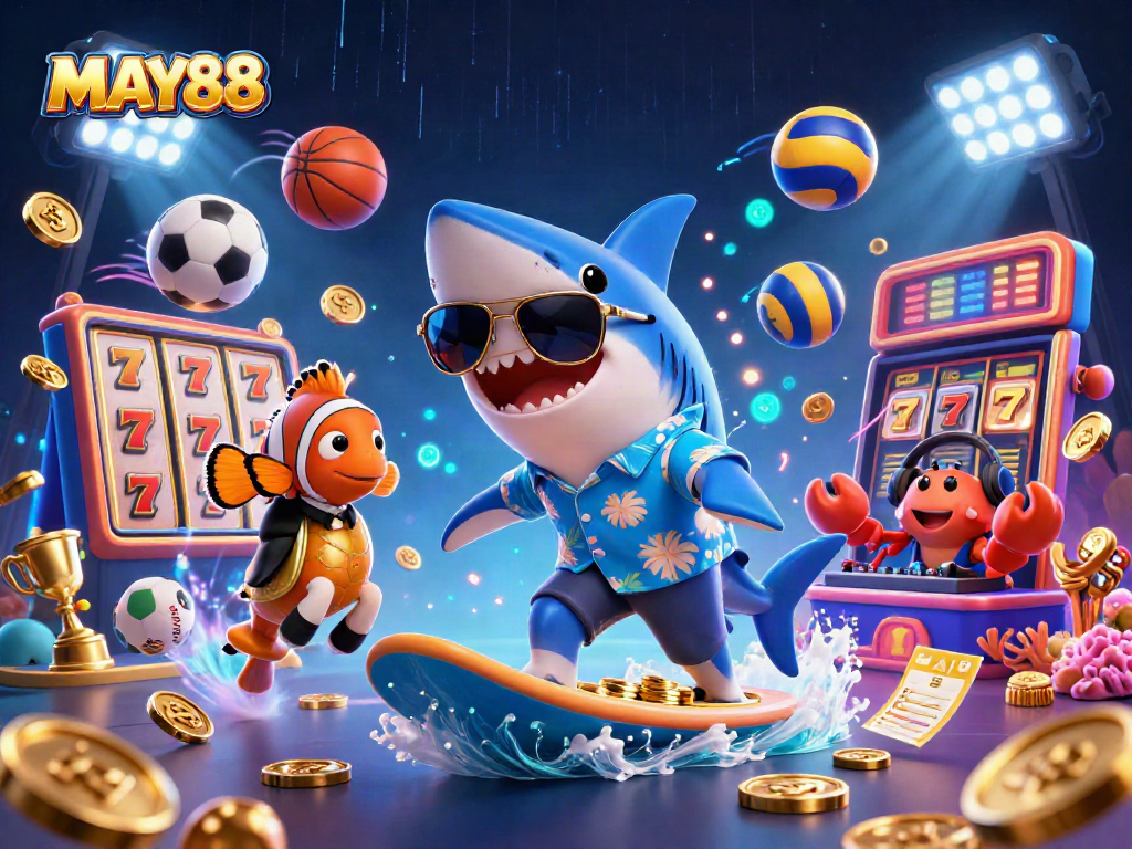 MAY88 showcases a vibrant 3D casino scene with a hammer-head shark and animated elements for a dynamic gambling experience.