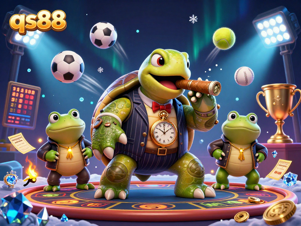 qs88 casino features a snapping turtle mobster surrounded by dynamic sports elements and vibrant lights.