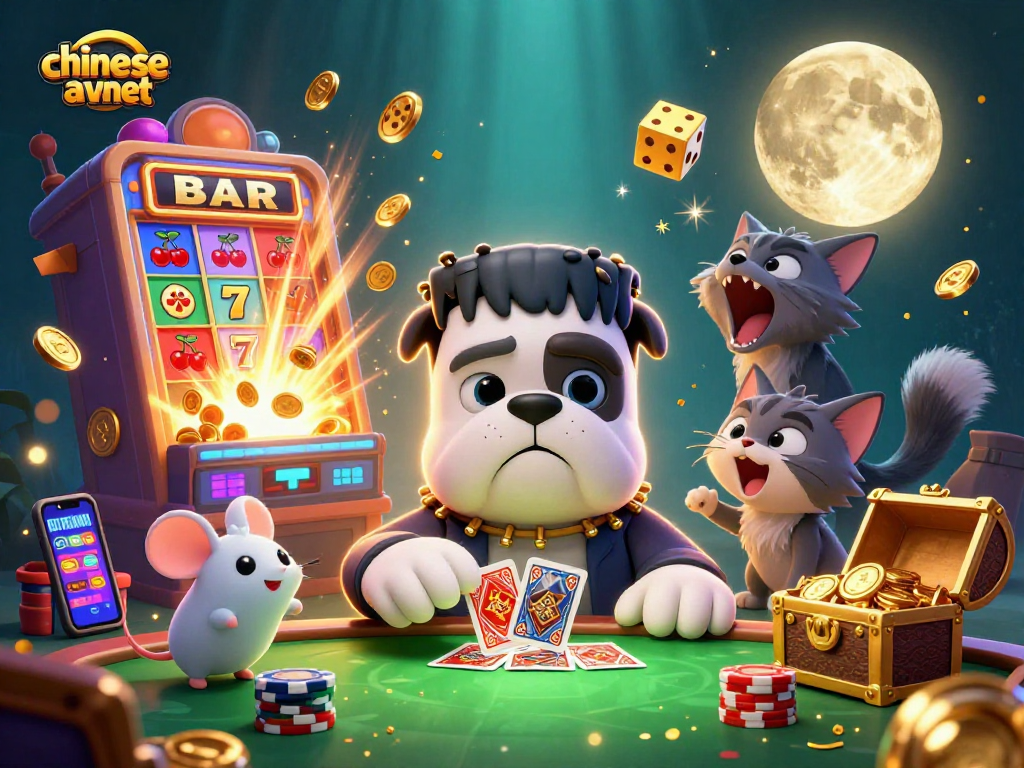 Experience thrilling gameplay with chineseavnet as a Frankenstein bulldog deals cards amidst exploding jackpots.
