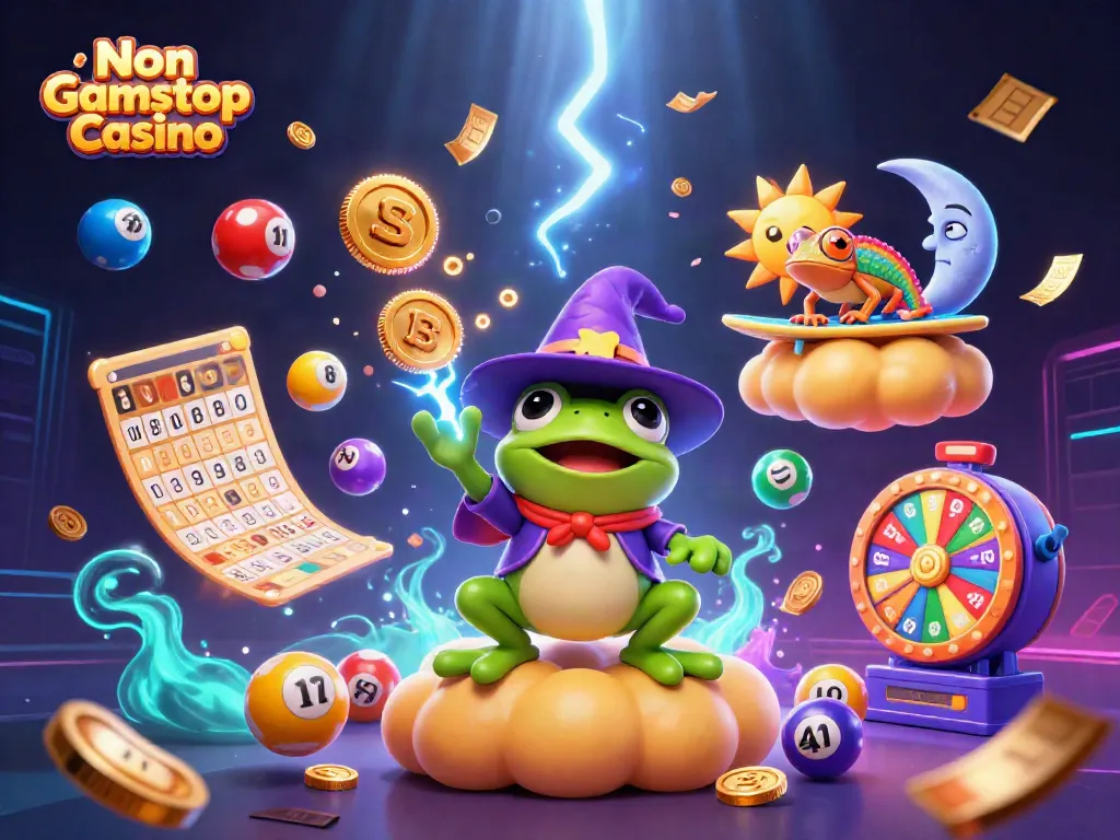 Engage with the vibrant Non Gamstop Casino scene featuring gold coins, colorful lottery balls, and whimsical characters.