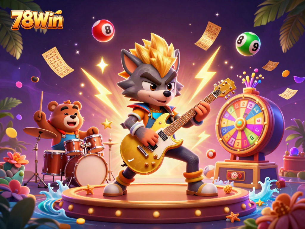 Engage with the thrilling atmosphere of 78Win, where vibrant lottery balls and gold tickets create excitement.