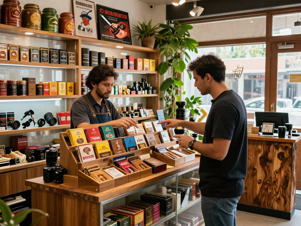 Customer exploring a premium tobacco shop, showcasing rokok88 packs and vibrant accessories in a cozy setting.