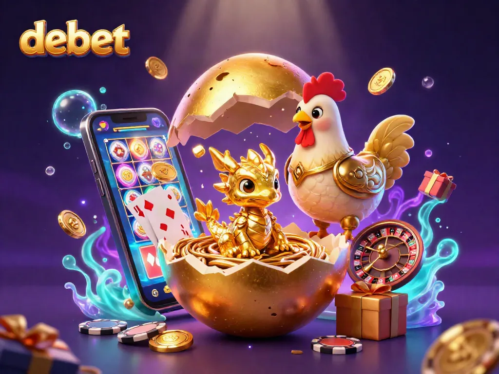 Engaging illustration of a debet-themed gaming scene with a golden egg, dragon, poker chips, and vibrant casino elements.