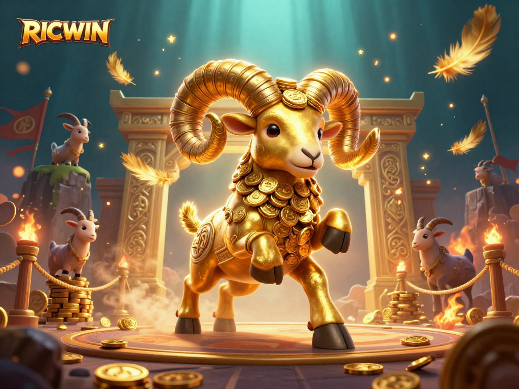 Experience thrilling gameplay with RICWIN in this dynamic casino showdown featuring golden ram and goats.