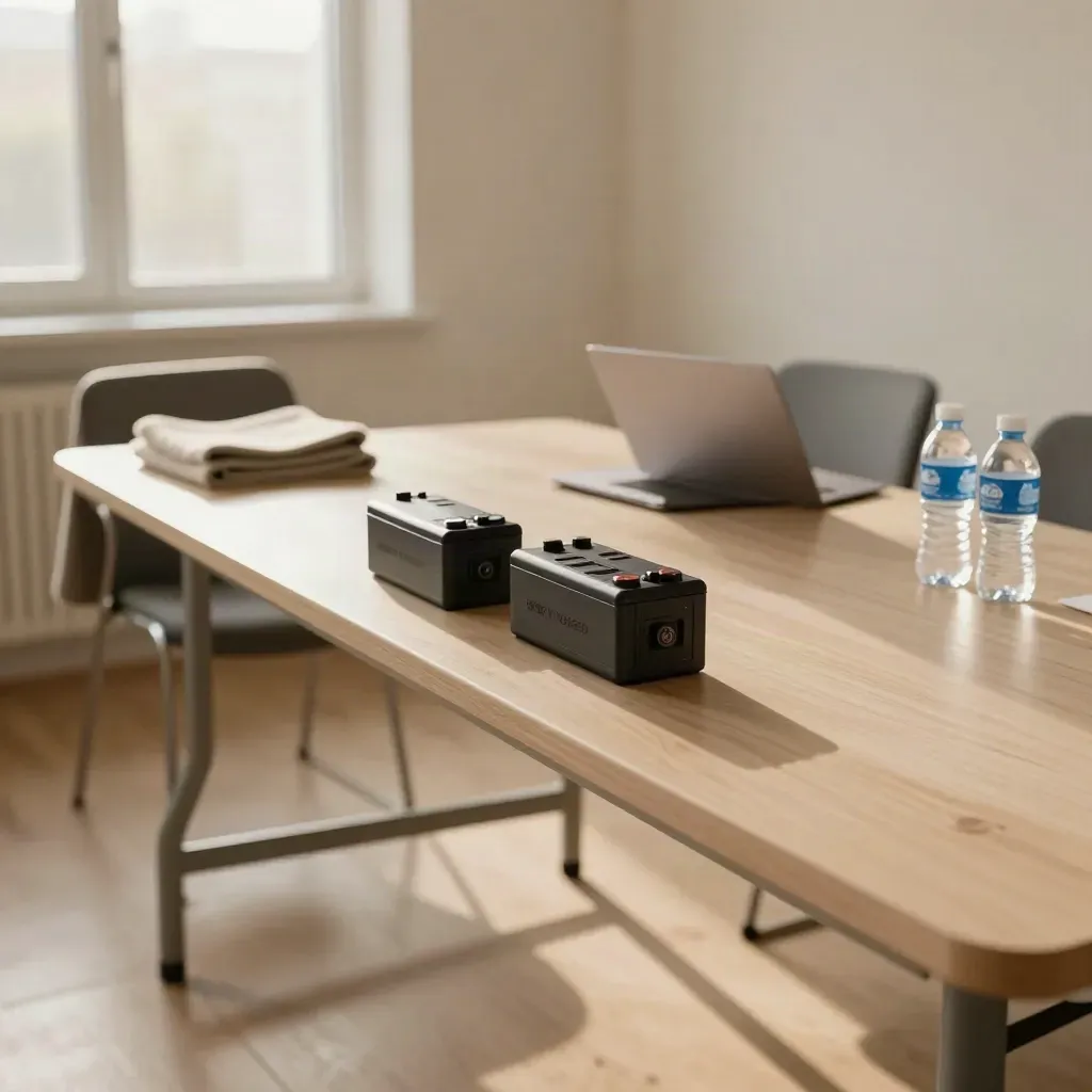 Empty meeting room with battery packs, closed laptop, blankets and water after a continuity drill.