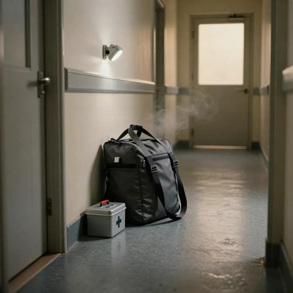 Care-home corridor with a grab bag, torch, first-aid tin and fire door at dusk.