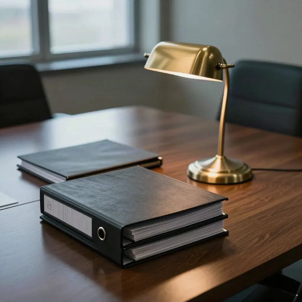 Sealed audit binders, brass lamp, empty chair and frosted glass in a finance review room.