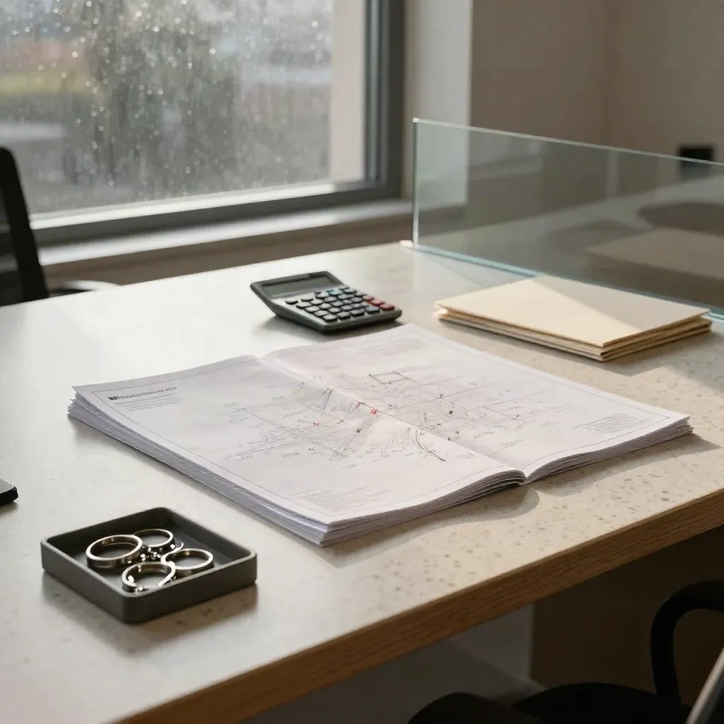 Rain-lit broker table with survey stack, calculator, key tray and closed folder