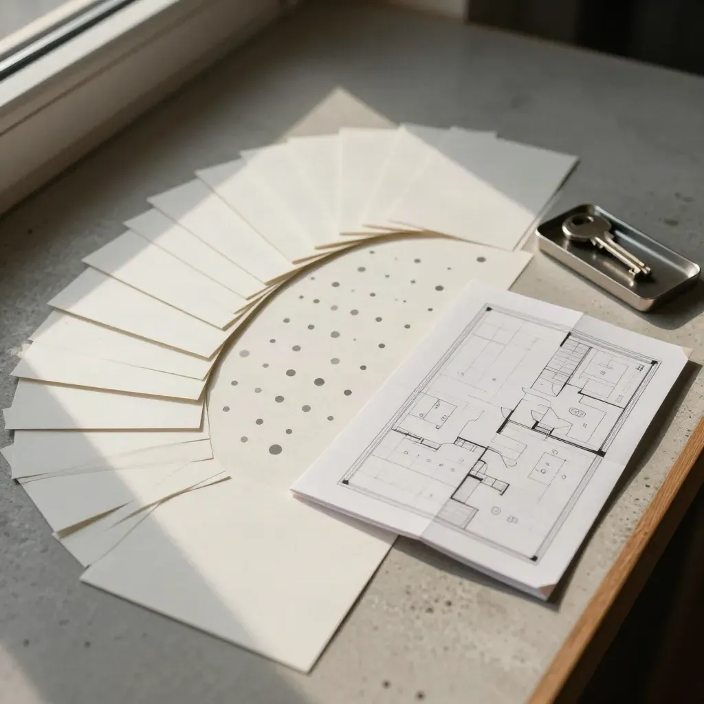 Overhead audit map with marker cards, adhesive dots, floor-plan board and key tray on concrete.