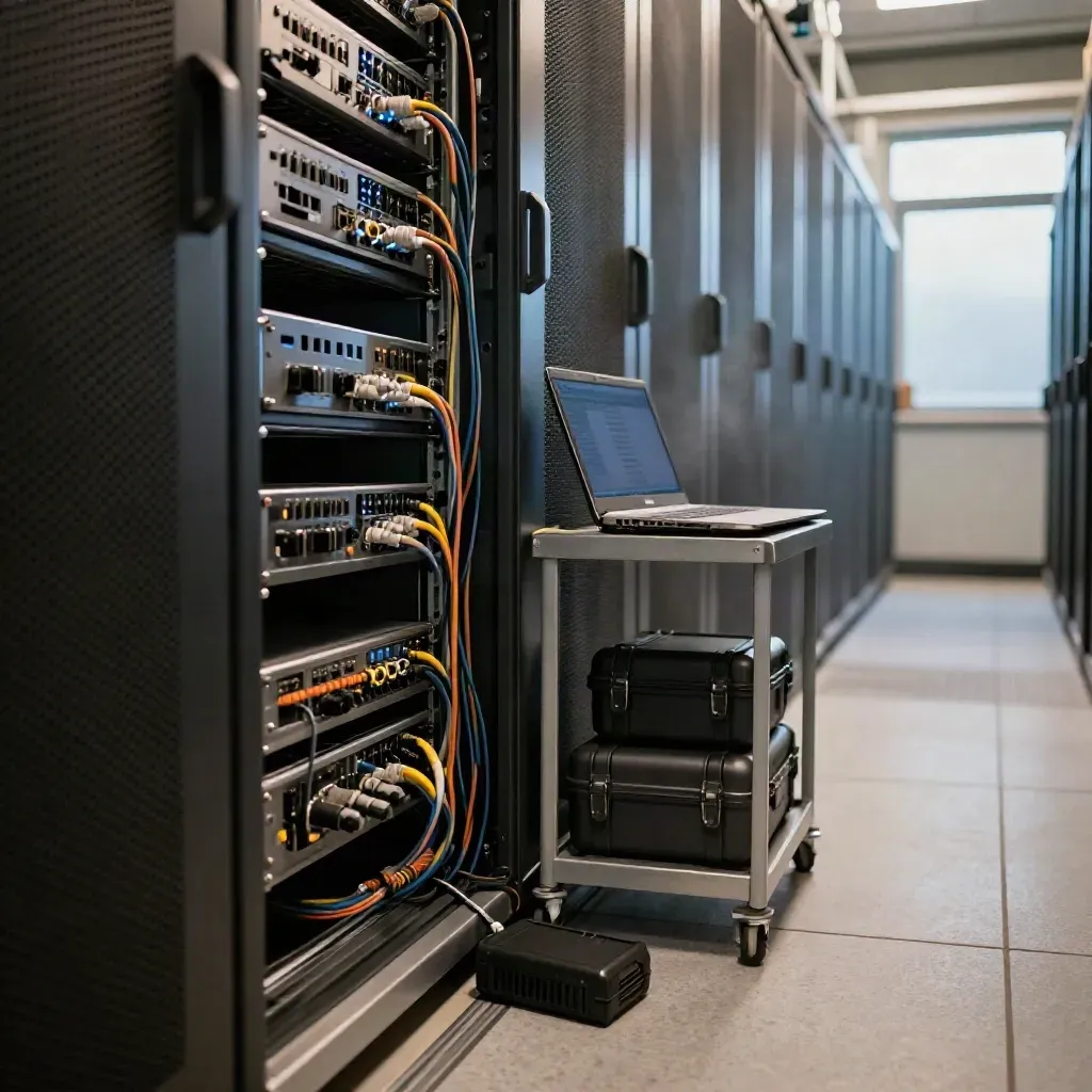 Server-room aisle with UPS rack, trolley, laptop, cable cases and backup power bank.