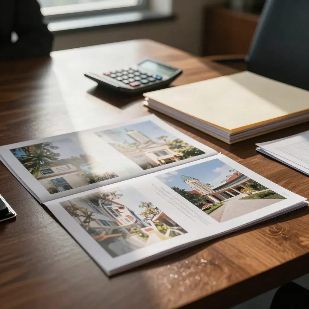 Face-down property photos, calculator and folders on a walnut broker table in late window glow.