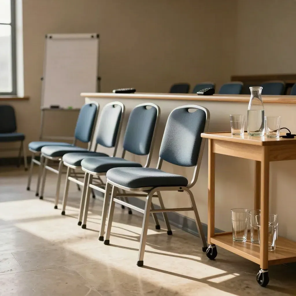 After-workshop seminar room with stacked chairs, water jugs and a turned flip chart