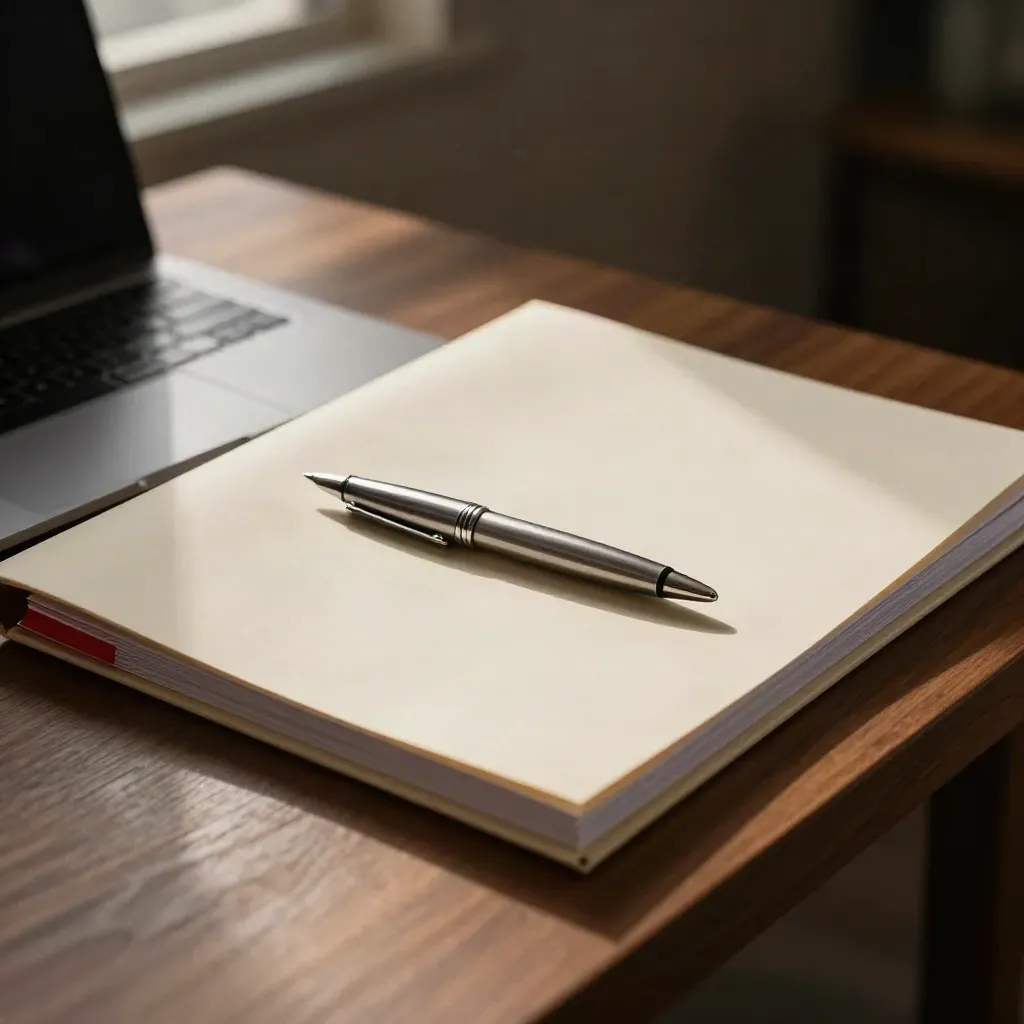 Closed laptop, fountain pen and policy folder on a walnut desk under warm lamp light.