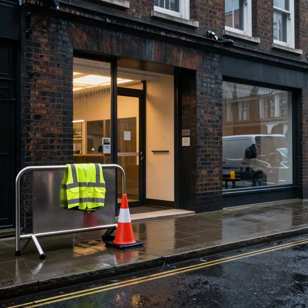 Rainy London office entrance with barrier, wet cone, and vest by the curb.