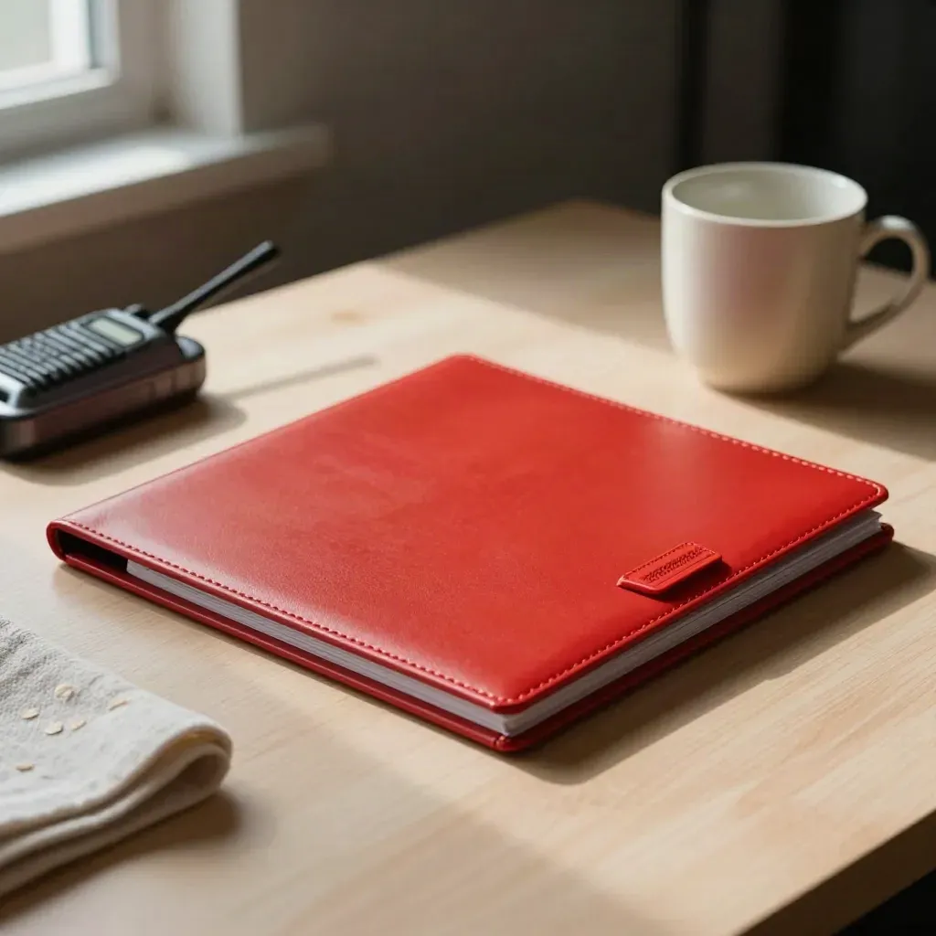 Red emergency folder beside radio charger and ceramic cup on a pale wood surface.