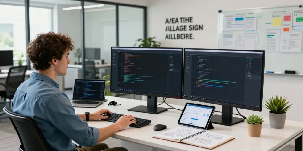 Developer focusing on instant indexing in a bright office environment with multiple screens and tech tools.