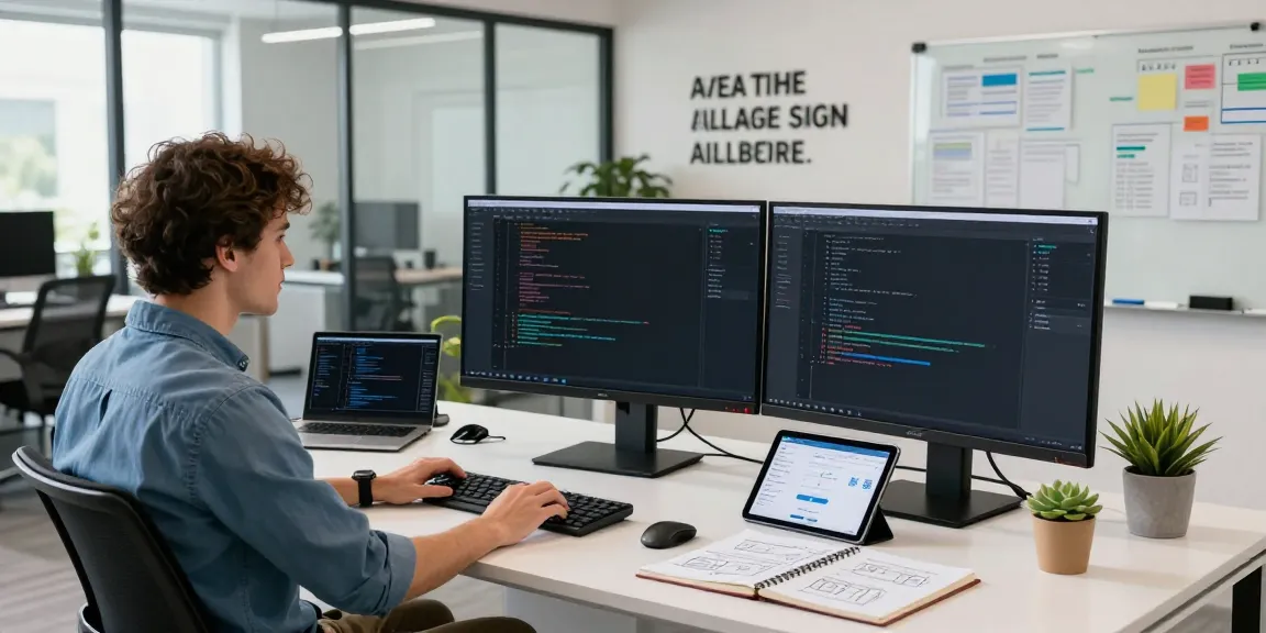 Developer focusing on instant indexing in a bright office environment with multiple screens and tech tools.