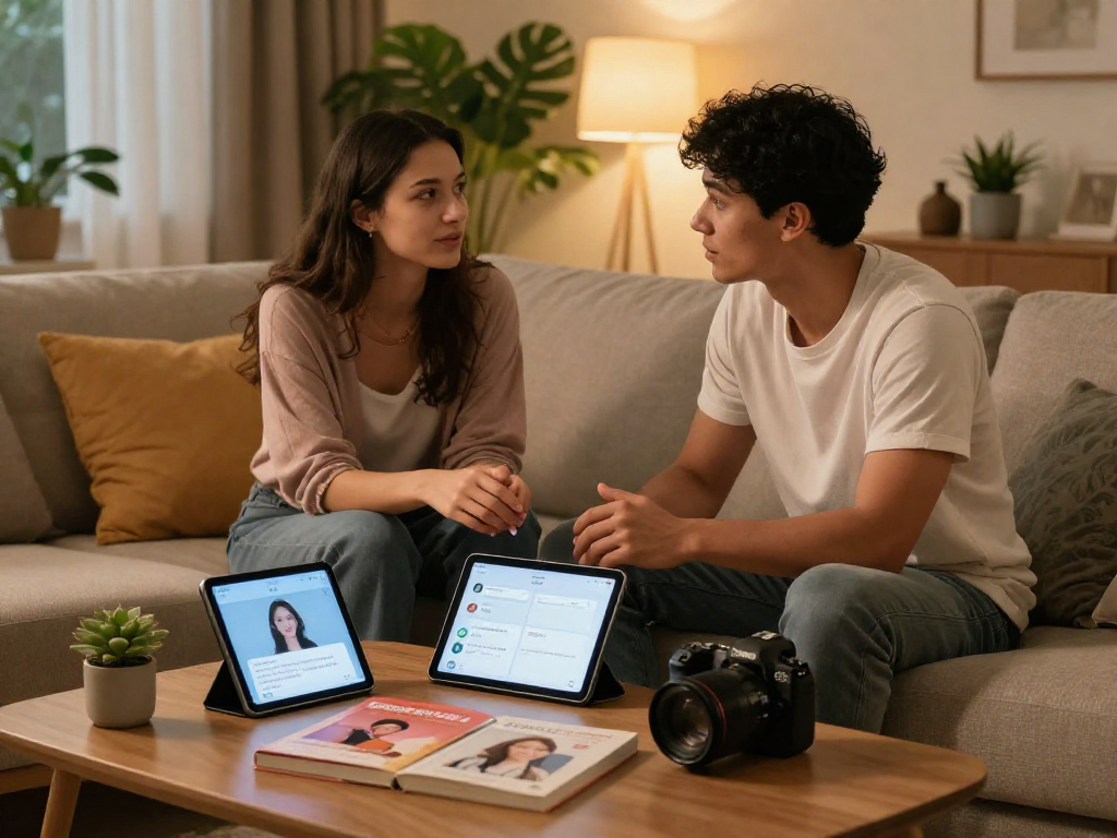 Couple discussing sex AI tools for enhancing intimacy in a cozy home.