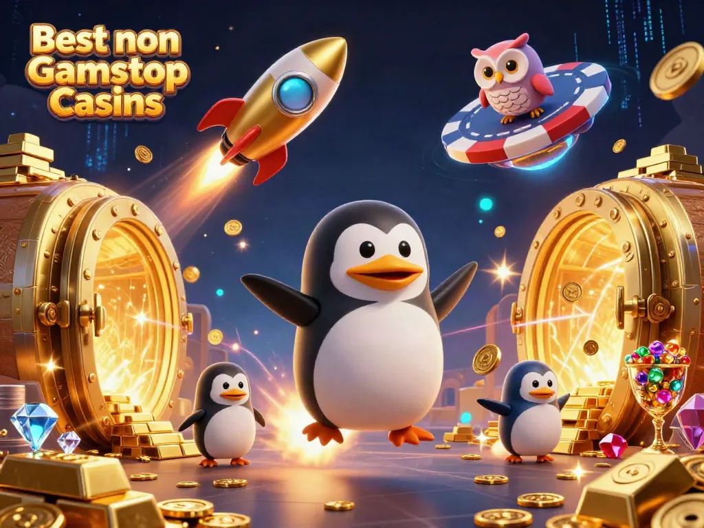 Engage with the Best non Gamstop Casinos as a penguin zooms towards a casino chip space station.