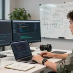 AI startups 2026 workspace featuring a developer coding at dual monitors with data visualizations and brainstorming notes.