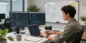 AI startups 2026 workspace featuring a developer coding at dual monitors with data visualizations and brainstorming notes.