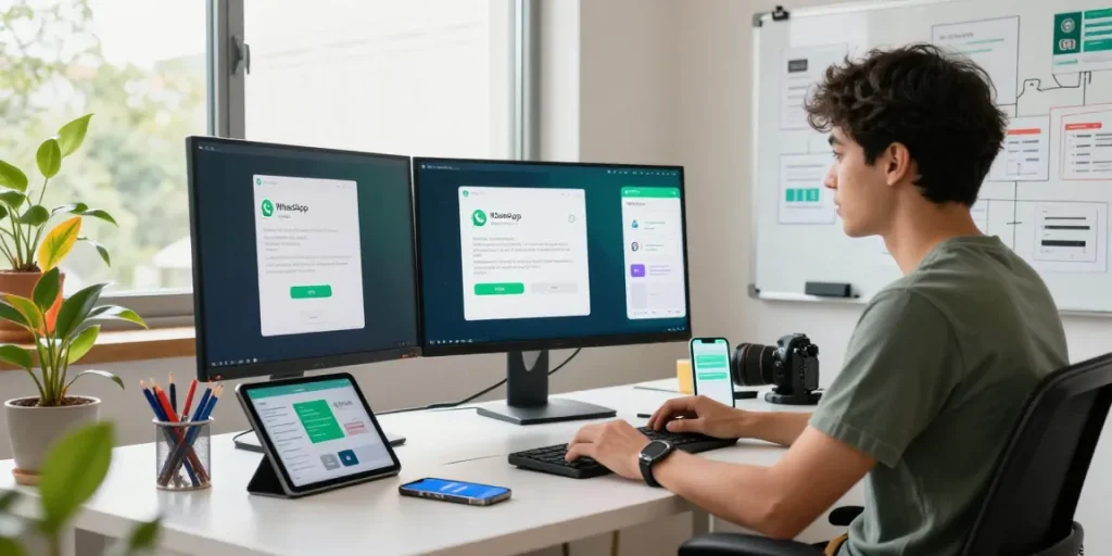 WhatsApp下載 installation guide on screens in a tech-savvy workspace with gadgets and a modern desk setup.