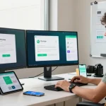 WhatsApp下載 installation guide on screens in a tech-savvy workspace with gadgets and a modern desk setup.
